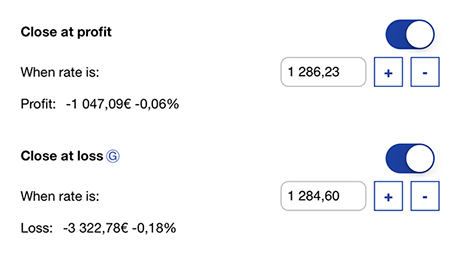 Set 'Close at Profit' [Limit Stop] or 'Close at Loss' [Stop loss] price levels